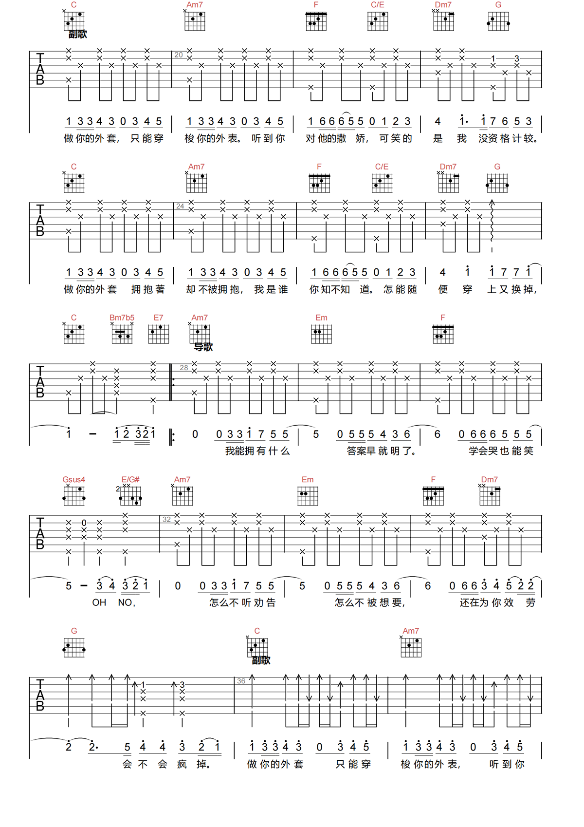 外套吉他谱-动力火车《外套》C调高清原版吉他谱简谱