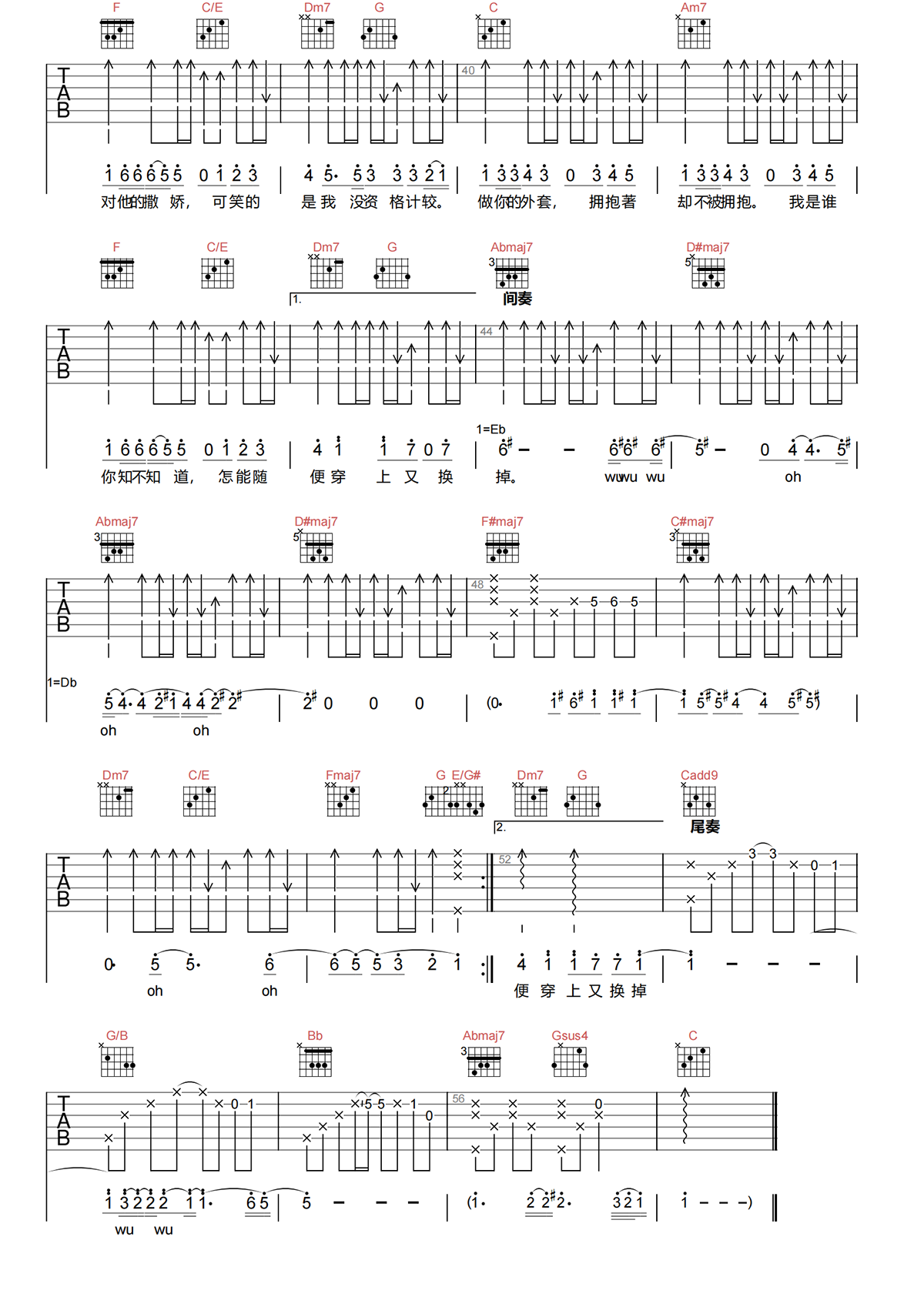 外套吉他谱-动力火车《外套》C调高清原版吉他谱简谱