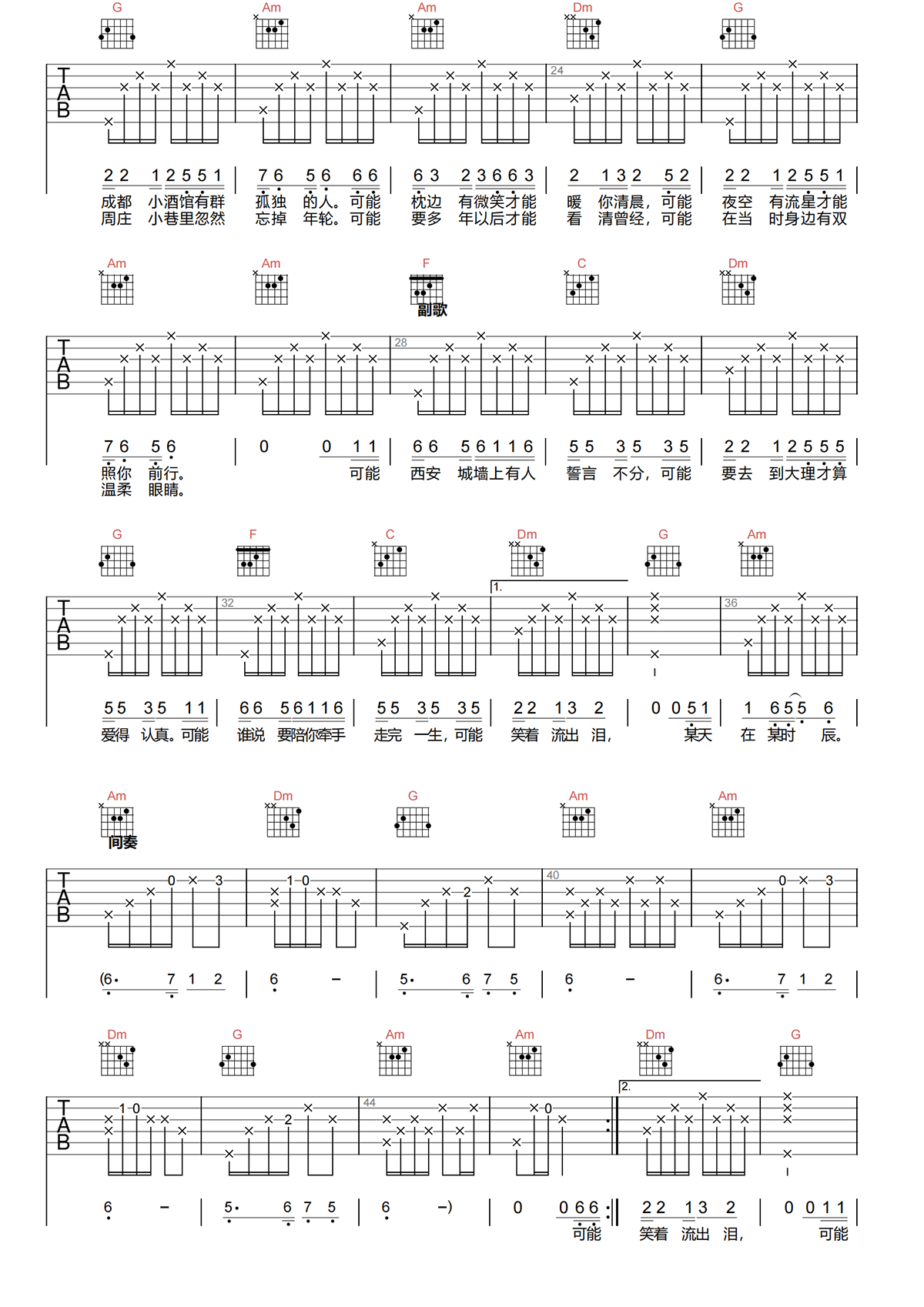 可能吉他谱-程响《可能》C调简化原版吉他谱简谱