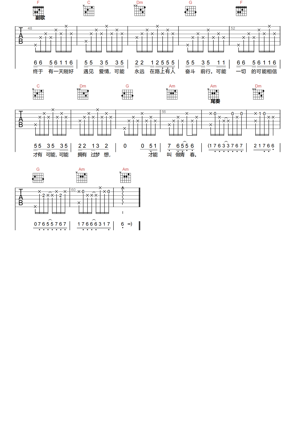 可能吉他谱-程响《可能》C调简化原版吉他谱简谱