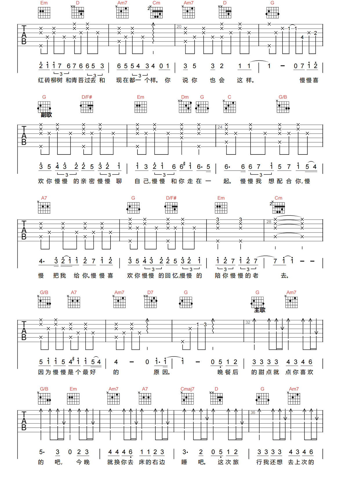 慢慢喜欢你吉他谱-莫文蔚-G调弹唱吉他谱简谱