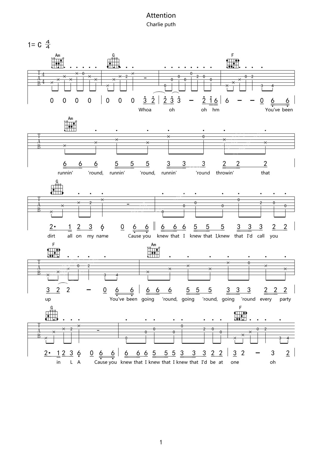 Attention吉他谱-Charlie Puth-C调原版弹唱谱-图片吉他谱简谱