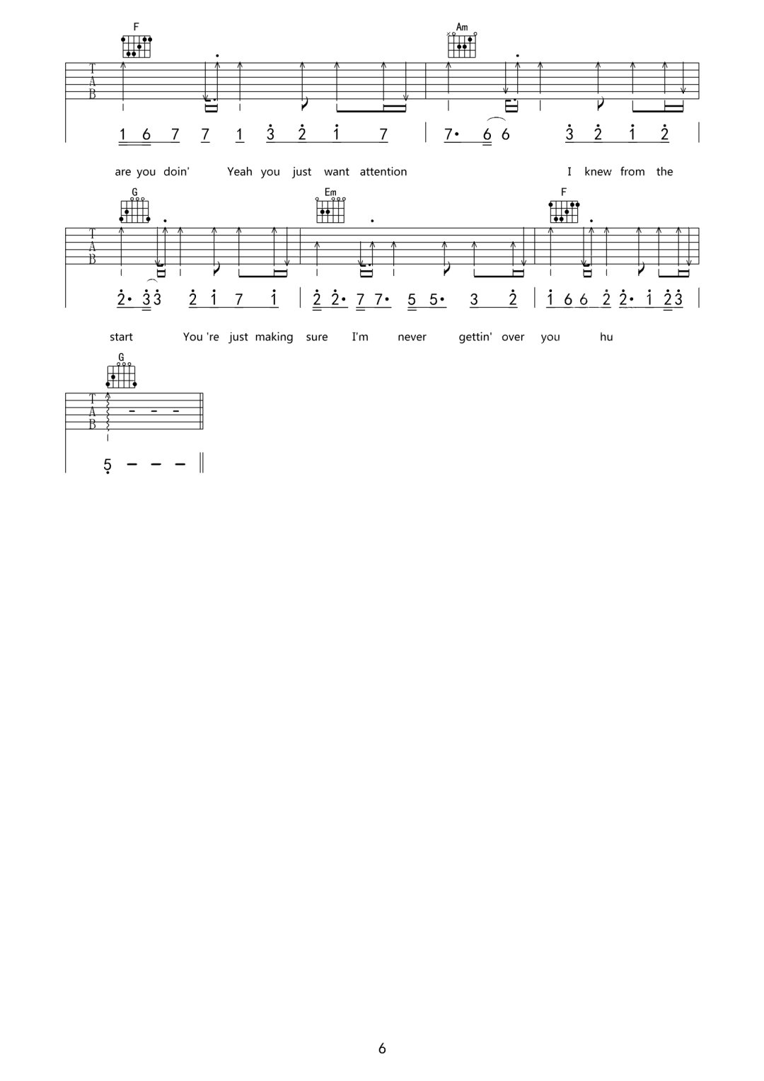 Attention吉他谱-Charlie Puth-C调原版弹唱谱-图片吉他谱简谱