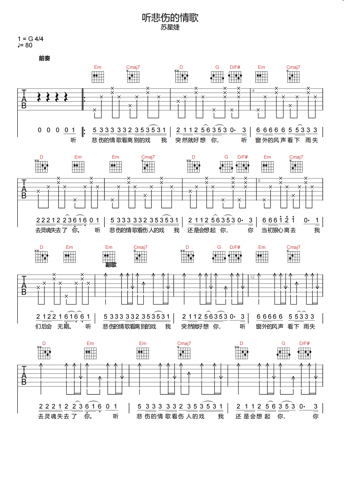 苏星捷《听悲伤的情歌吉他谱》G调原版吉他谱简谱