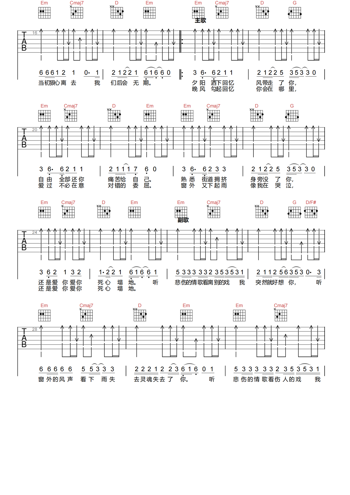 苏星捷《听悲伤的情歌吉他谱》G调原版吉他谱简谱