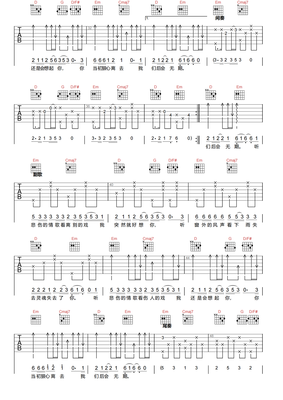 苏星捷《听悲伤的情歌吉他谱》G调原版吉他谱简谱