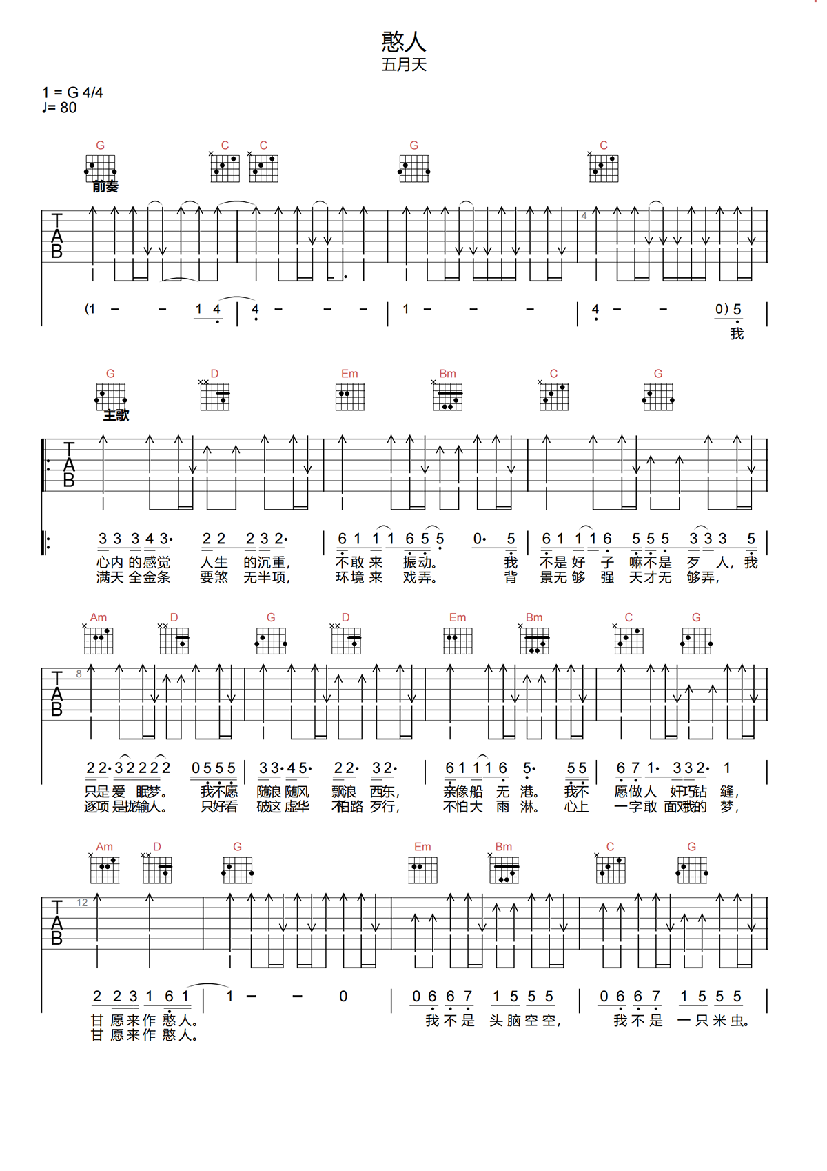 五月天《憨人》吉他谱-《憨人》G调扫弦弹唱吉他谱简谱