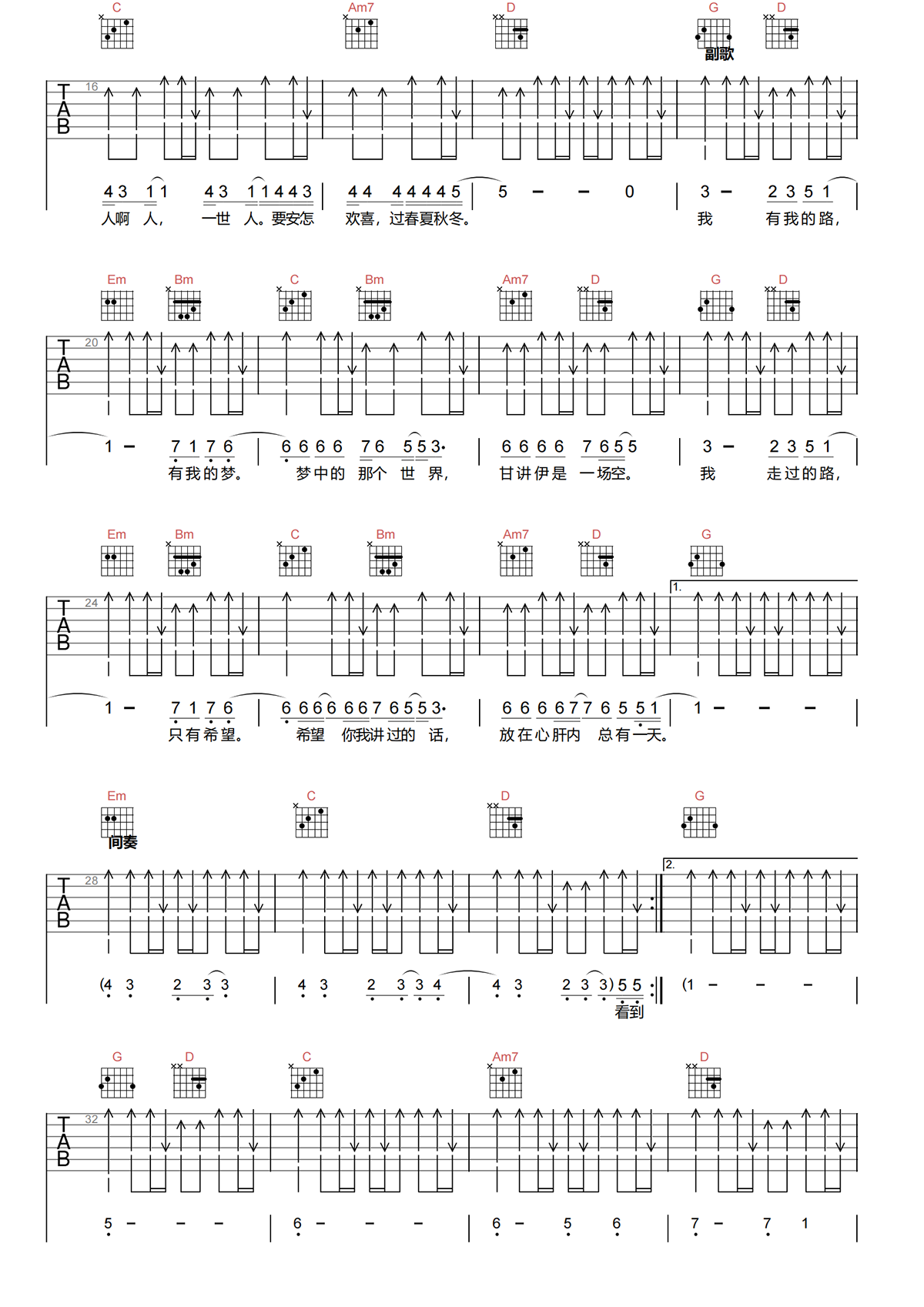五月天《憨人》吉他谱-《憨人》G调扫弦弹唱吉他谱简谱