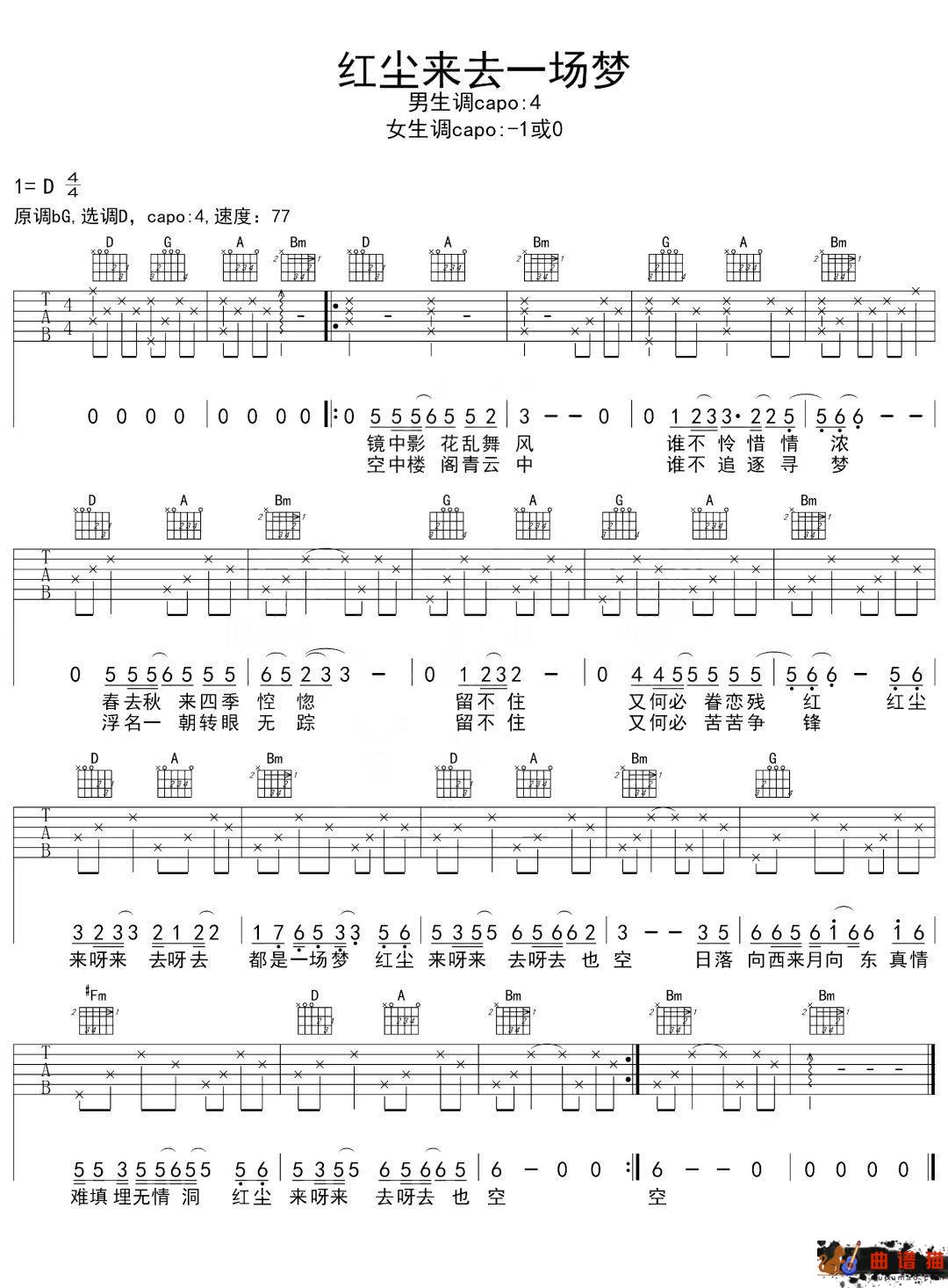 巫启贤《红尘来去一场梦》吉他谱-G调简谱
