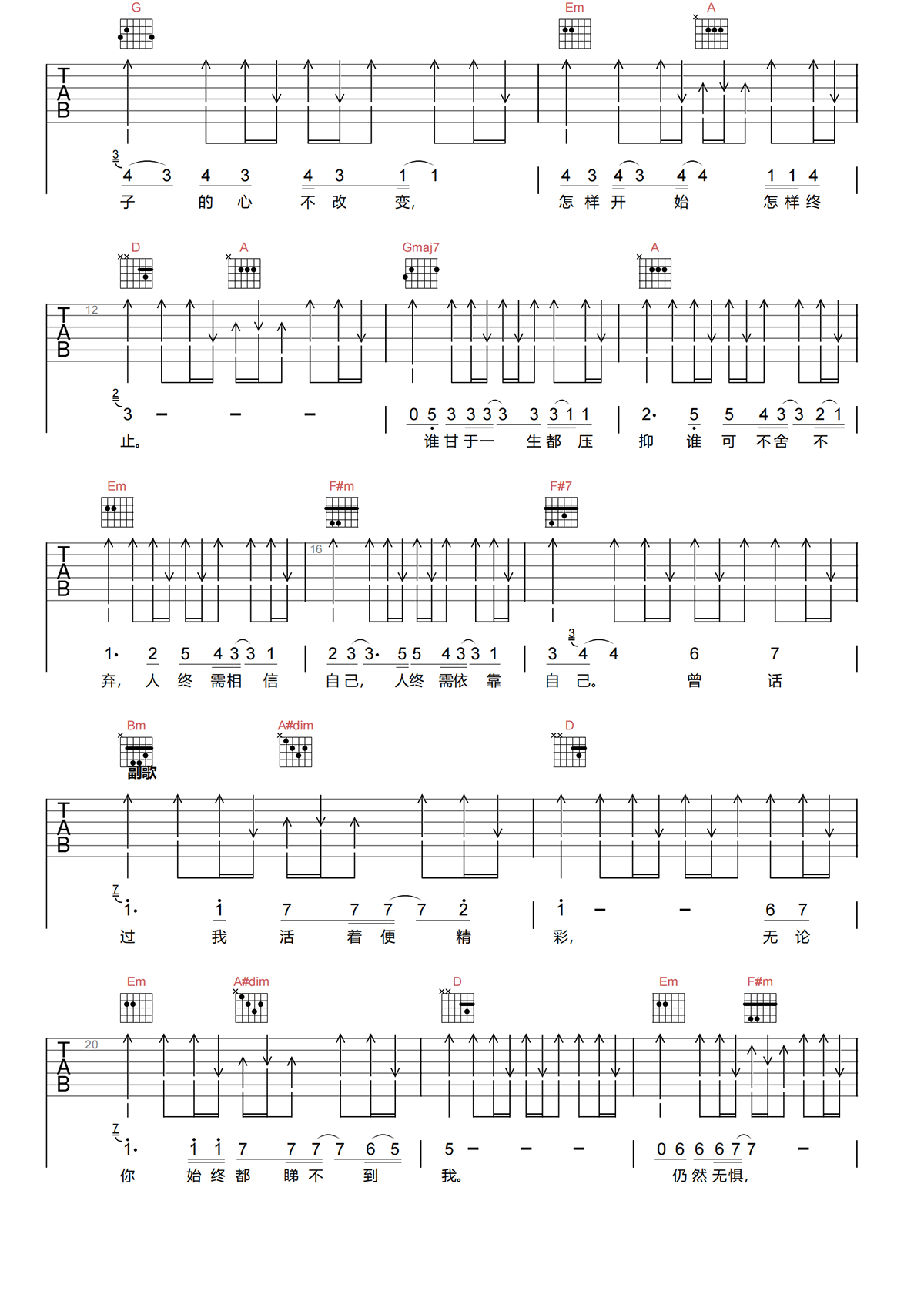 《活着便精彩》BEYOND D调原版吉他谱