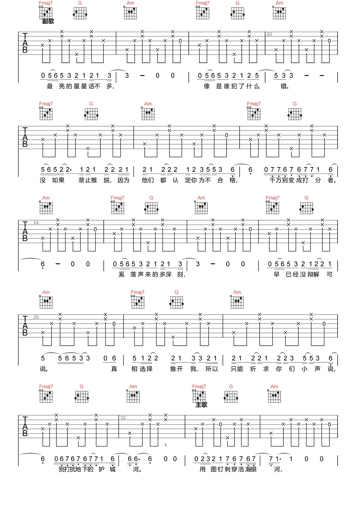 糜烂在夏天的秘密吉他谱-柠安-C调原版吉他谱简谱