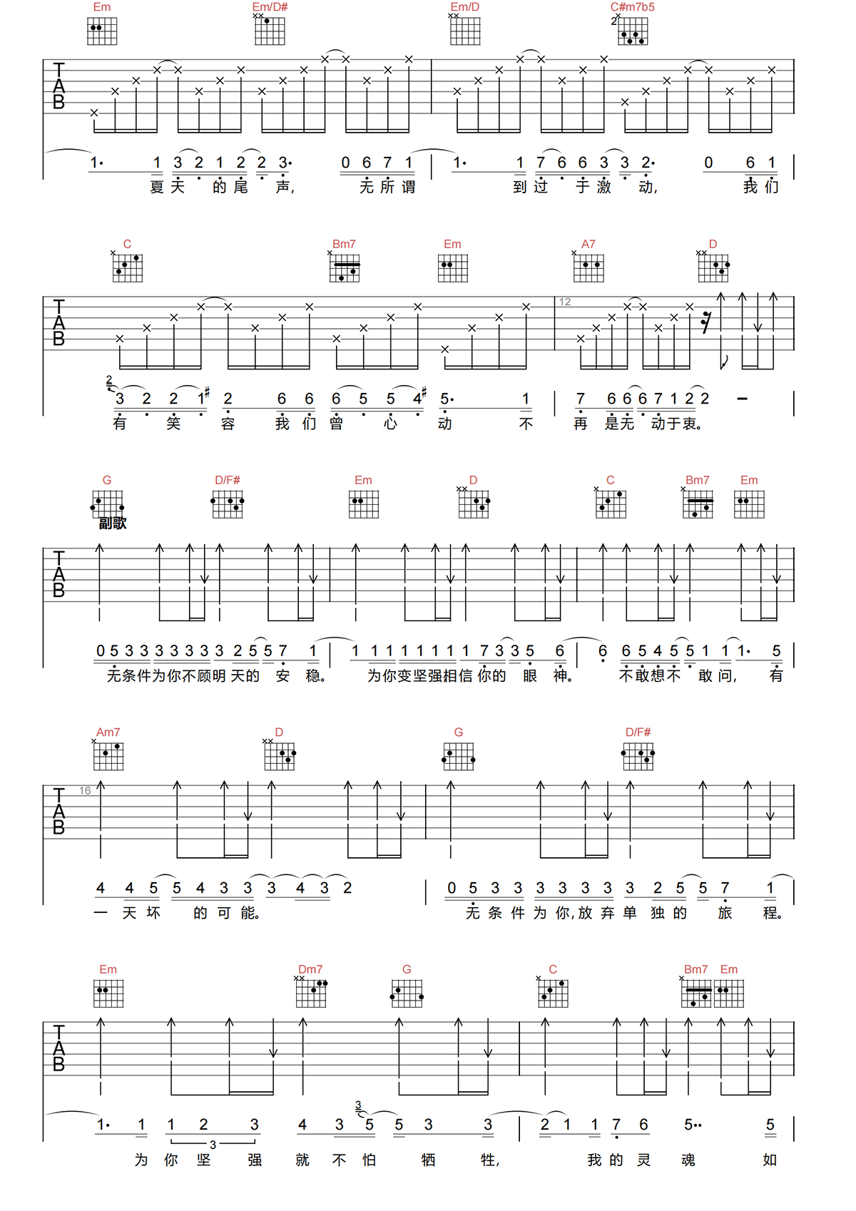 无条件为你吉他谱-梁静茹-A调原版图片谱-弹唱吉他谱简谱