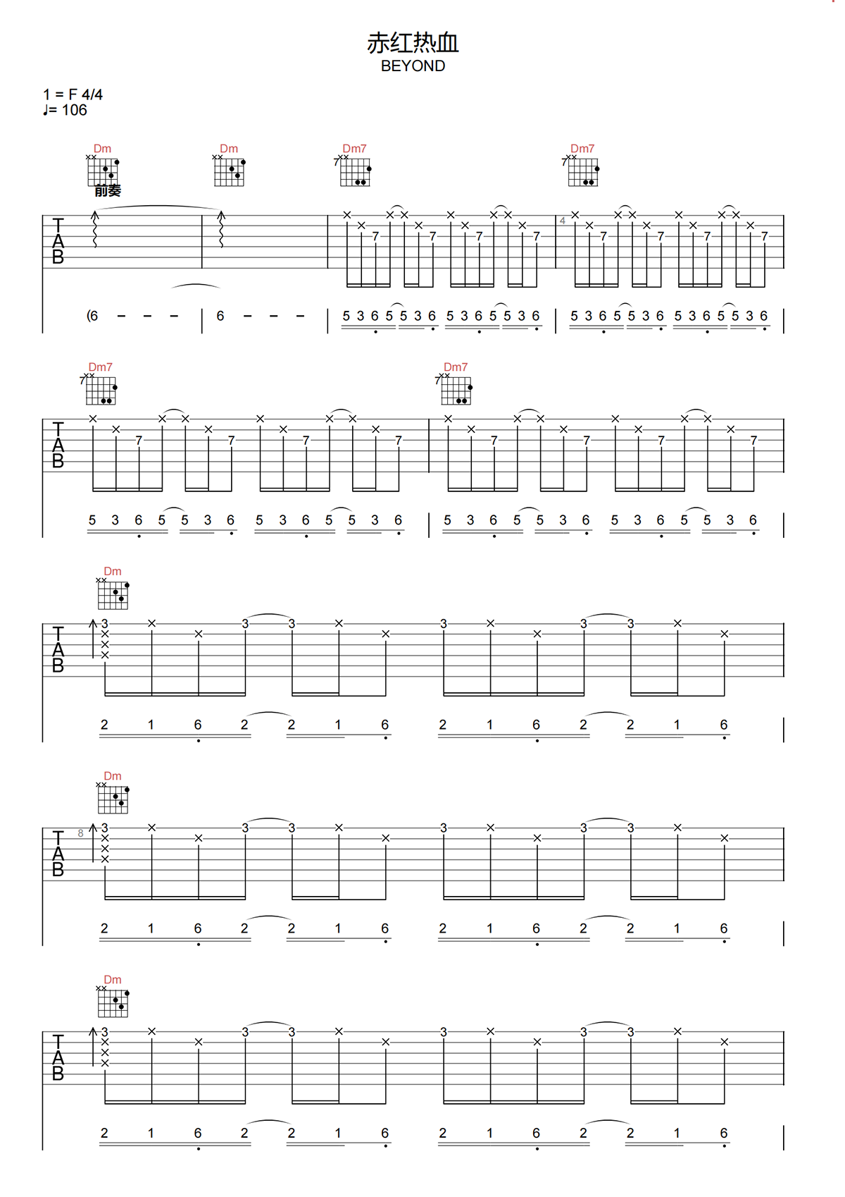《赤红热血》吉他谱 BEYOND F调原版吉他谱