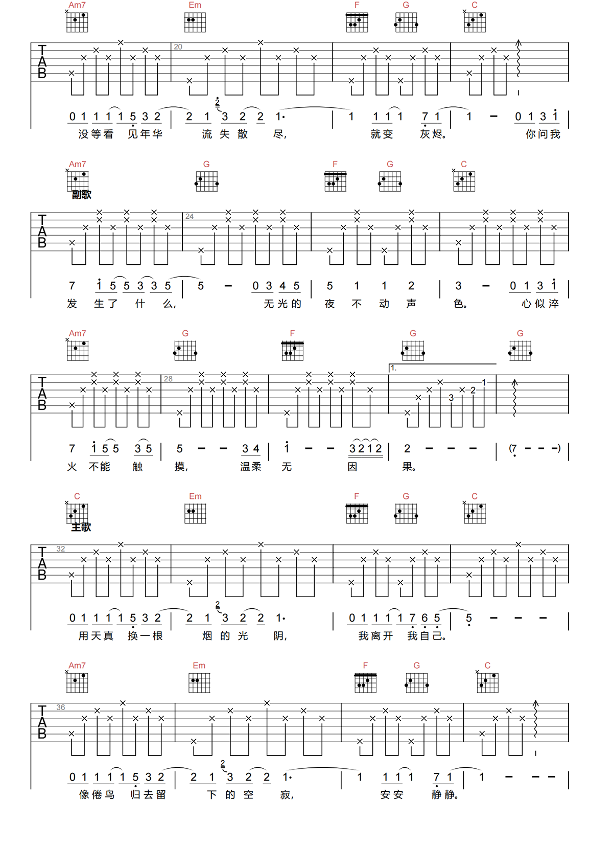 我离开我自己吉他谱-杨乃文-C调原版吉他谱-高清弹唱谱简谱