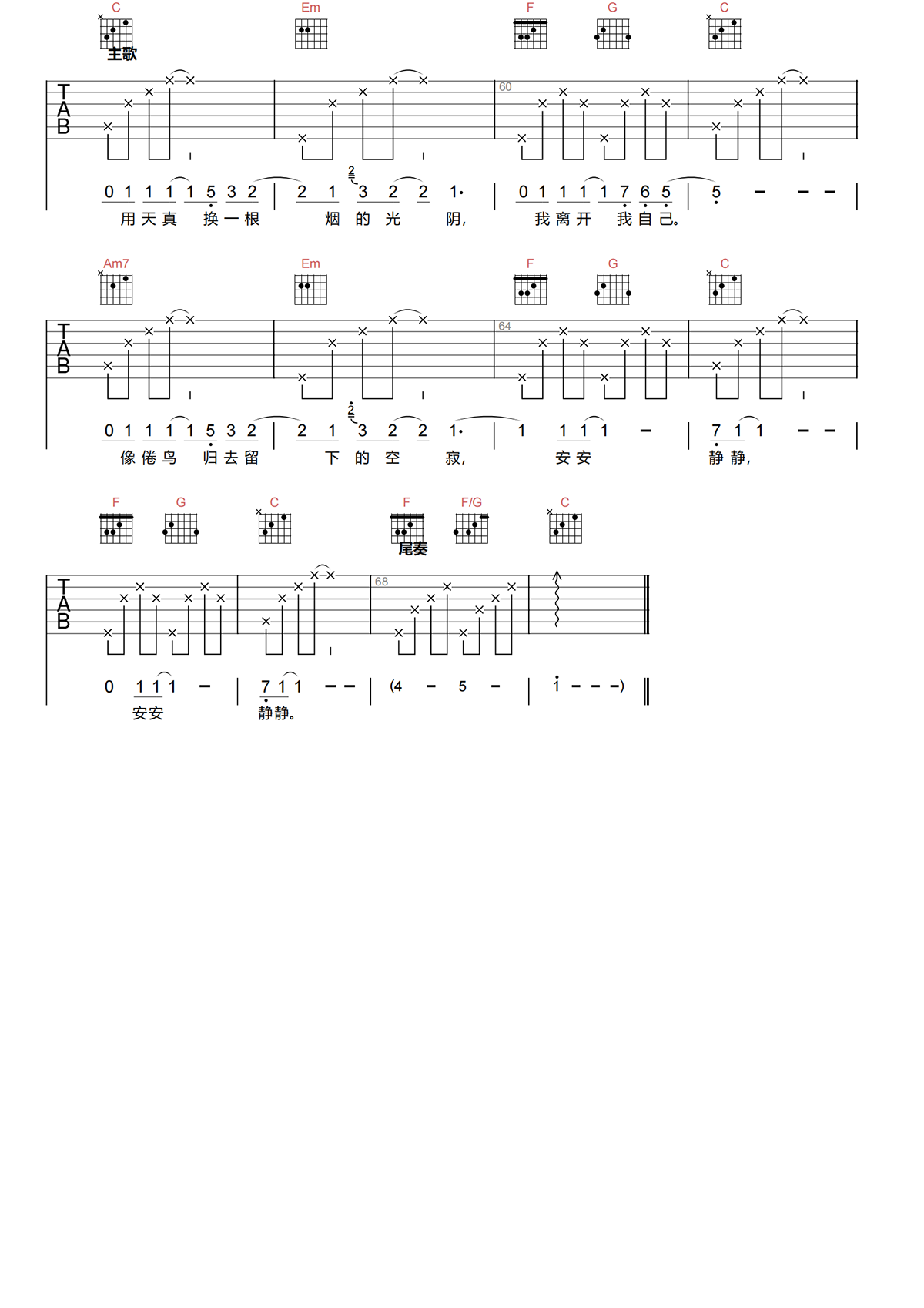 我离开我自己吉他谱-杨乃文-C调原版吉他谱-高清弹唱谱简谱