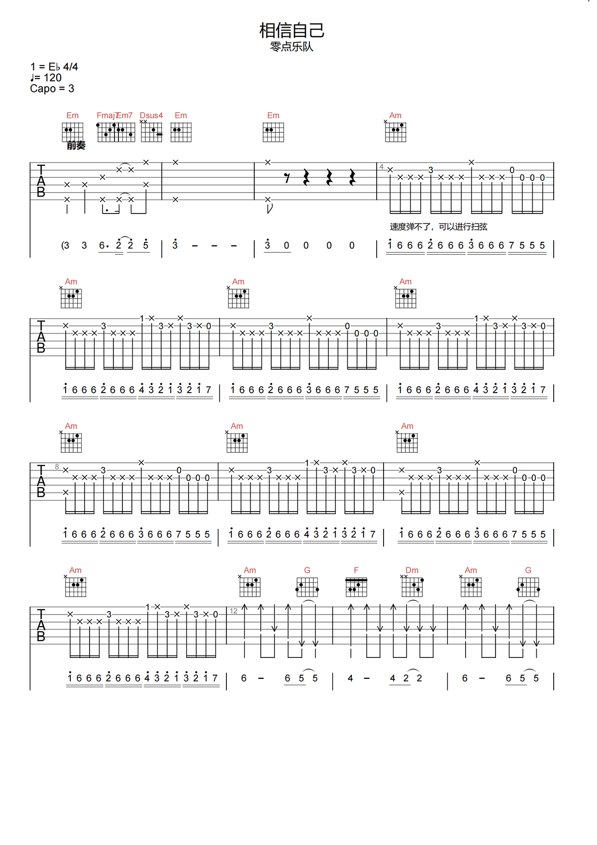 相信自己吉他谱-零点乐队-C调原版吉他谱-高清弹唱谱简谱