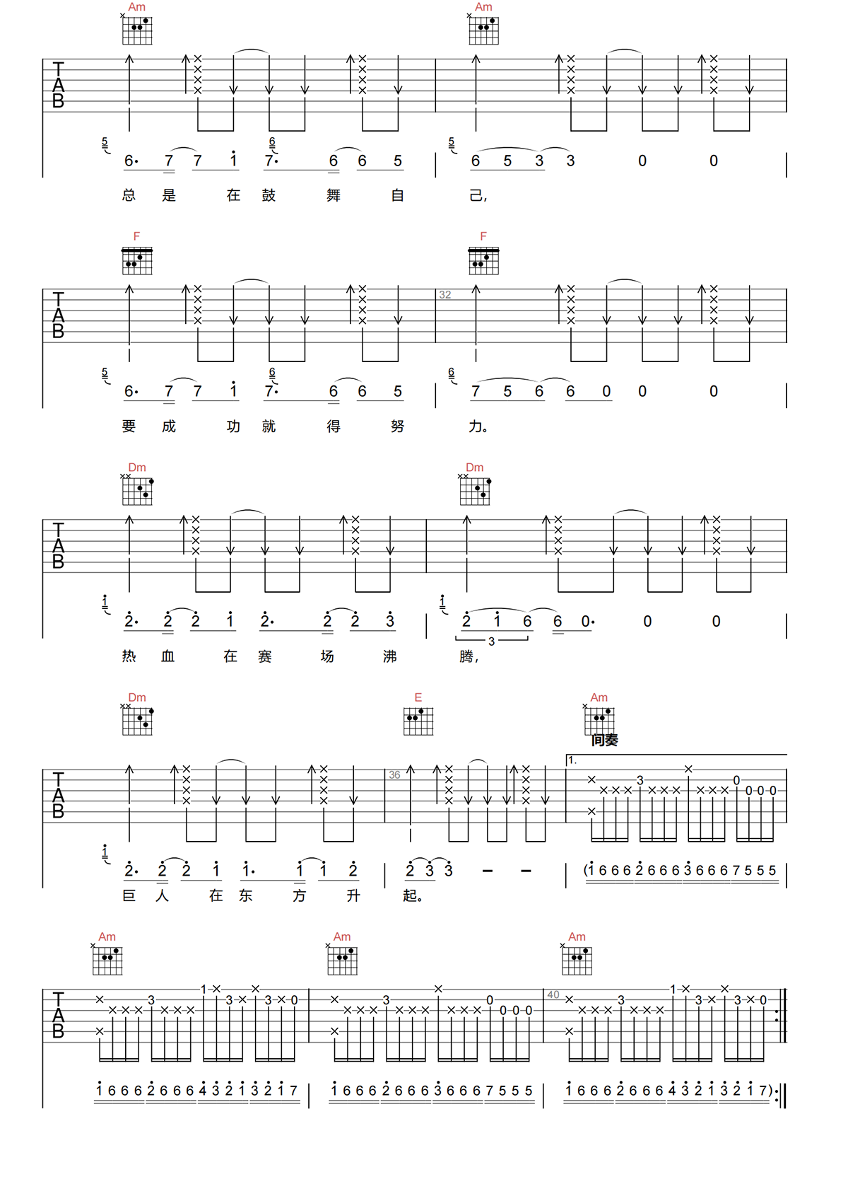 相信自己吉他谱-零点乐队-C调原版吉他谱-高清弹唱谱简谱