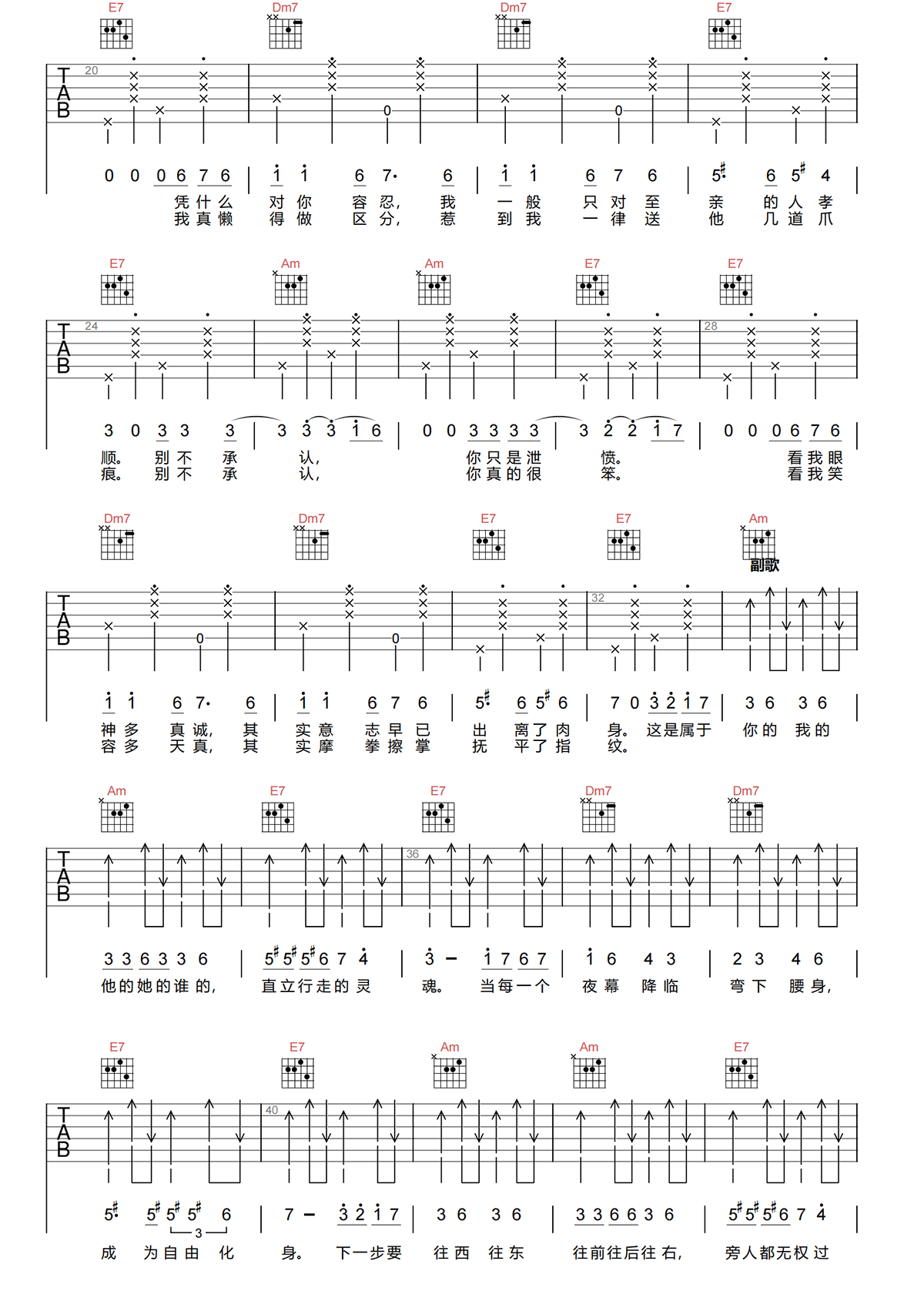 白日猫吉他谱-易烊千玺-白日猫C调吉他谱-原版弹唱谱简谱