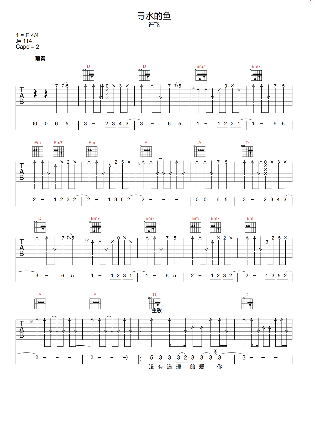 寻水的鱼吉他谱-许飞-D调原版吉他谱-高清弹唱谱简谱