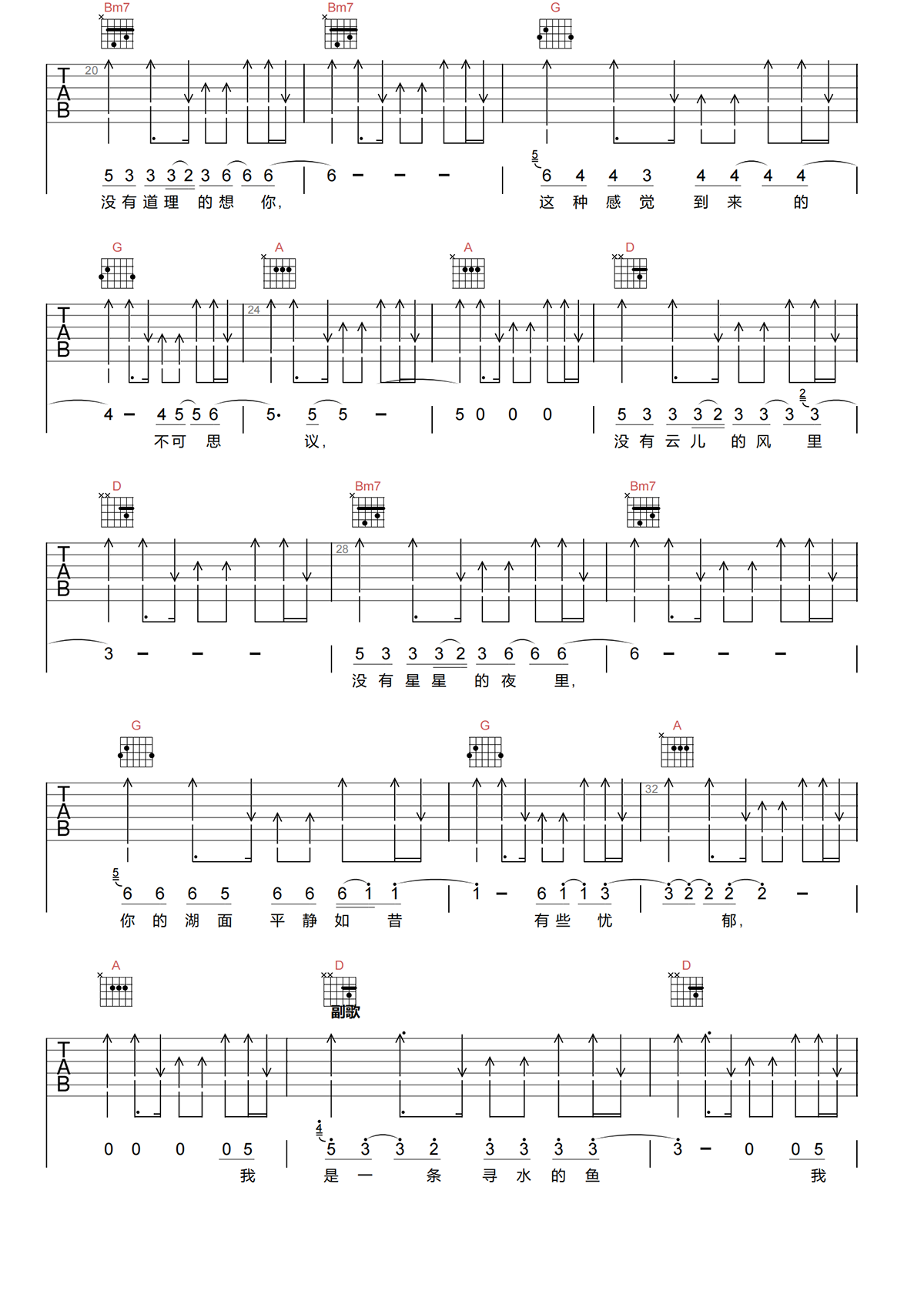 寻水的鱼吉他谱-许飞-D调原版吉他谱-高清弹唱谱简谱