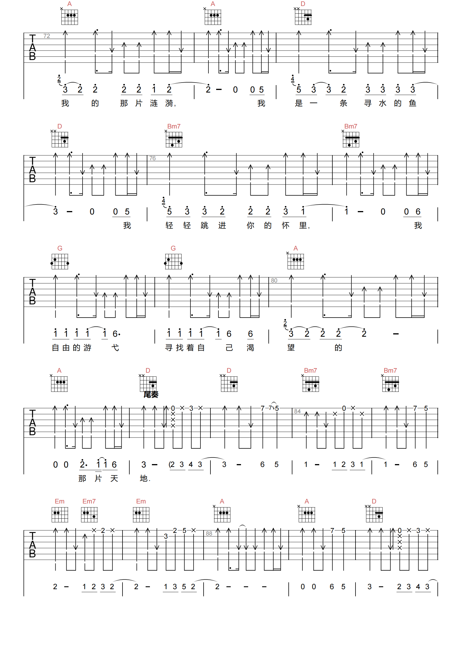 寻水的鱼吉他谱-许飞-D调原版吉他谱-高清弹唱谱简谱