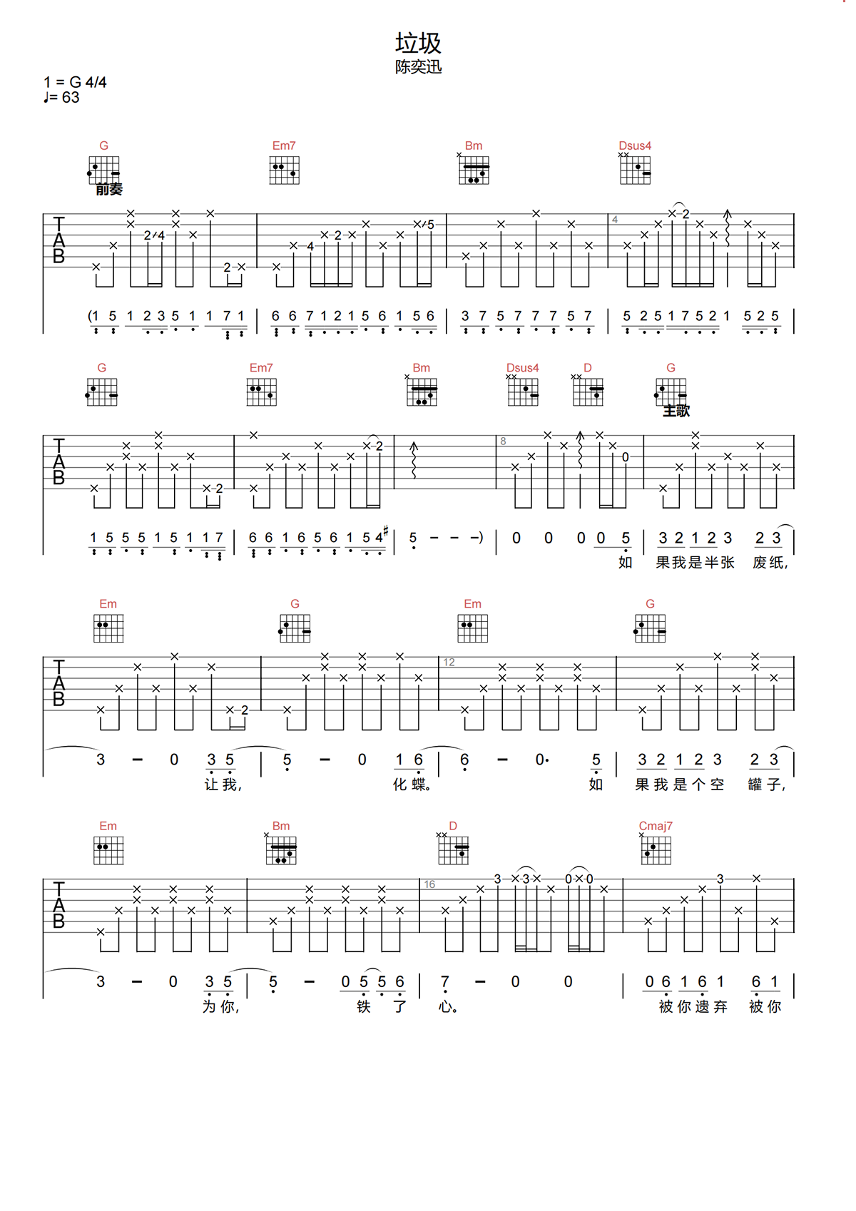 陈奕迅《垃圾》G调 吉他谱