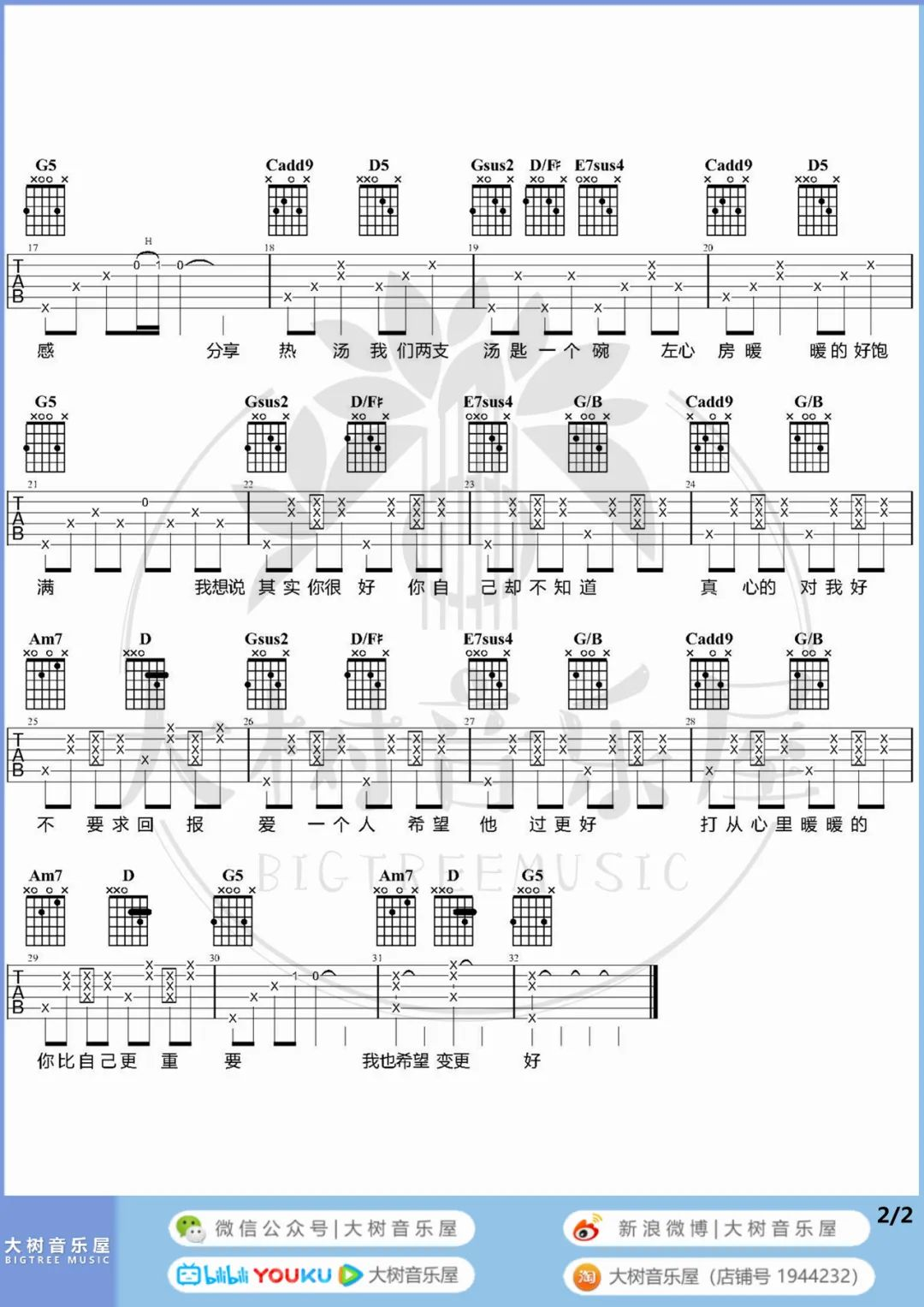暖暖吉他谱-梁静茹《暖暖》G调吉他谱-附原版教学简谱