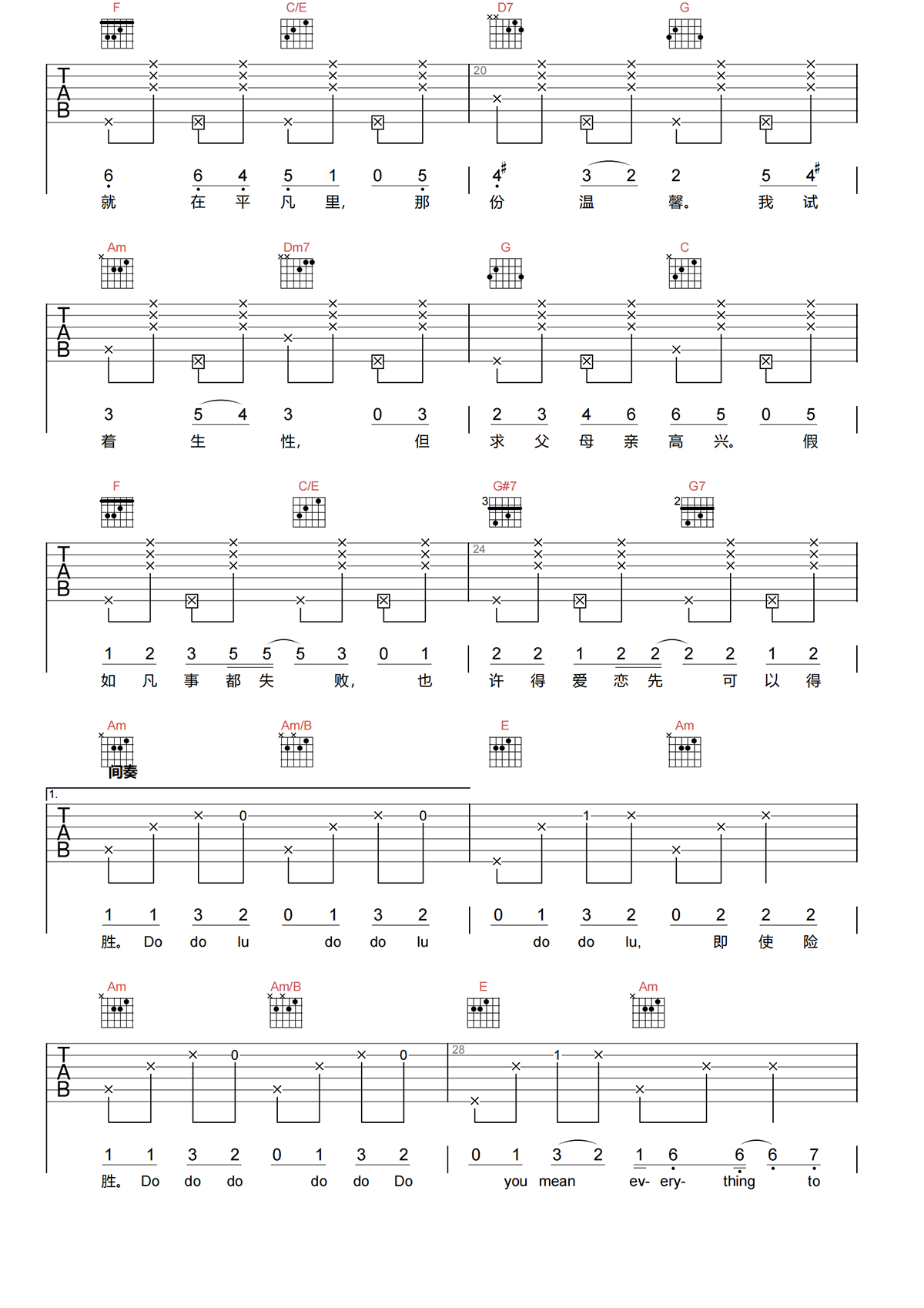 一事无成吉他谱-周柏豪/郑融-C调原版吉他谱-高清弹唱谱简谱