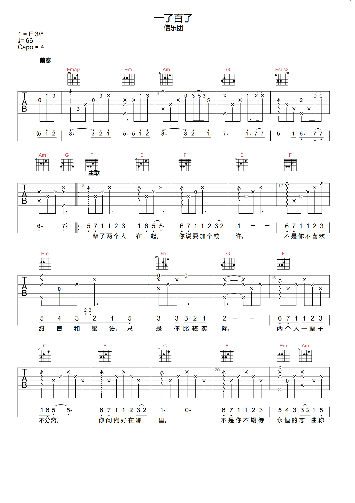 一了百了吉他谱-信乐团-C调原版吉他谱-高清弹唱谱简谱