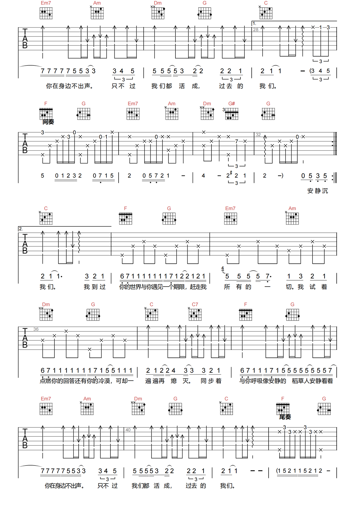 安静的稻草人吉他谱-吴大文-C调原版吉他谱-高清弹唱谱简谱