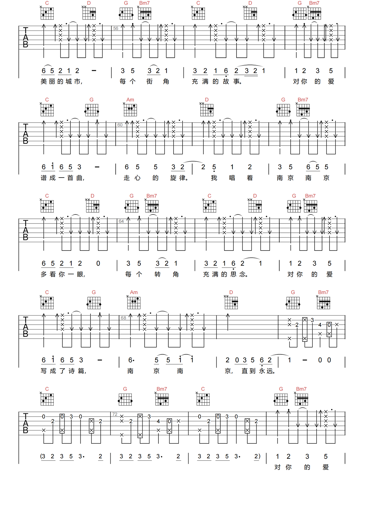 南京南京吉他谱-王力宏/朱小磊-G调原版吉他谱-高清弹唱谱简谱