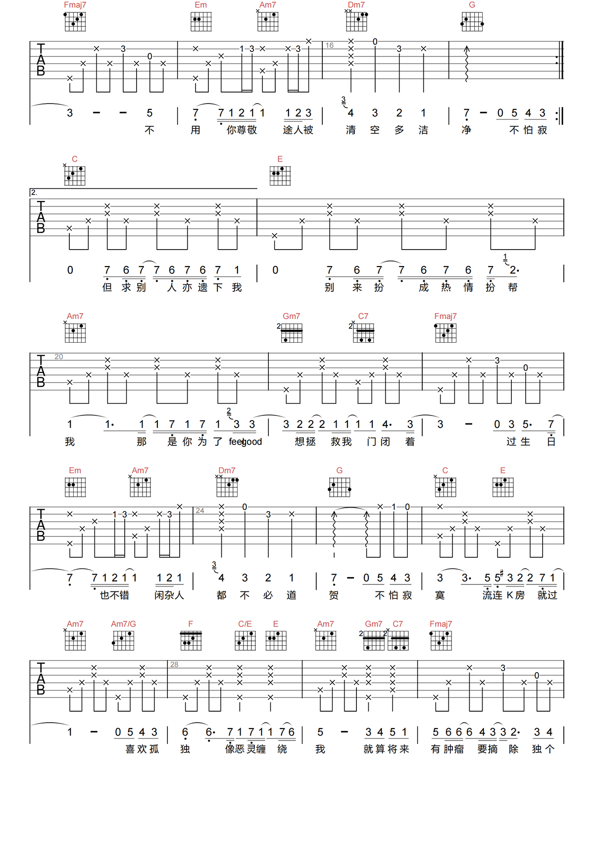 GARETH.T《国际孤独等级吉他谱》C调原版吉他谱简谱