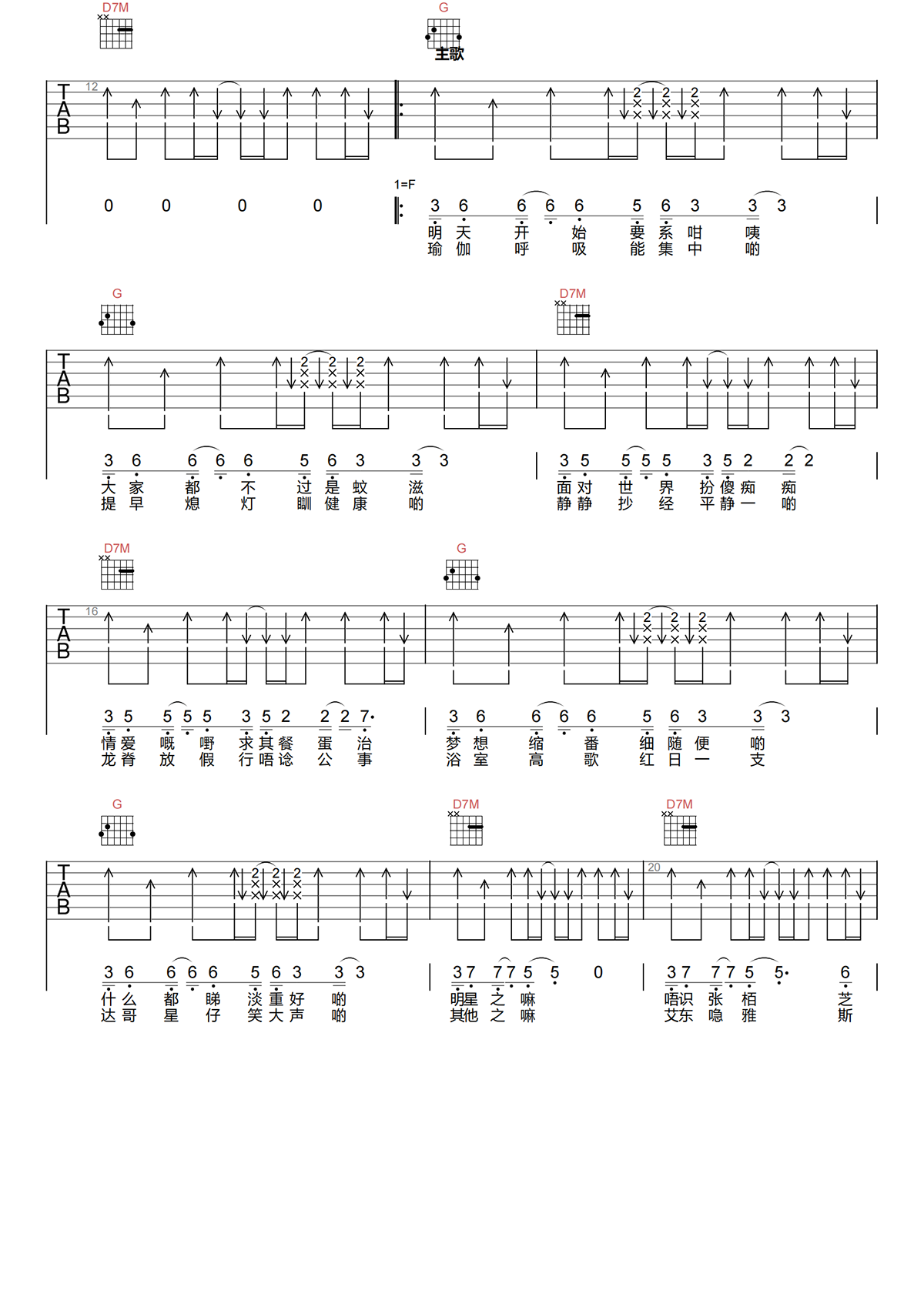 陈奕迅《尘大师》C调吉他谱-原版弹唱谱