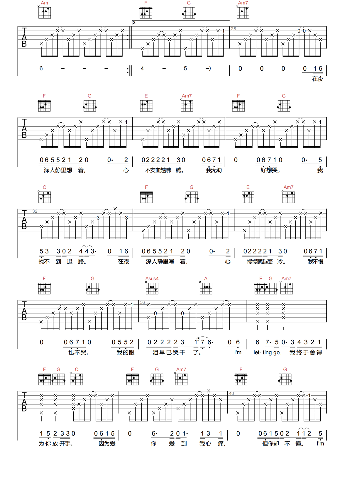 LETTING GO吉他谱-蔡健雅-C调简化原版吉他谱简谱
