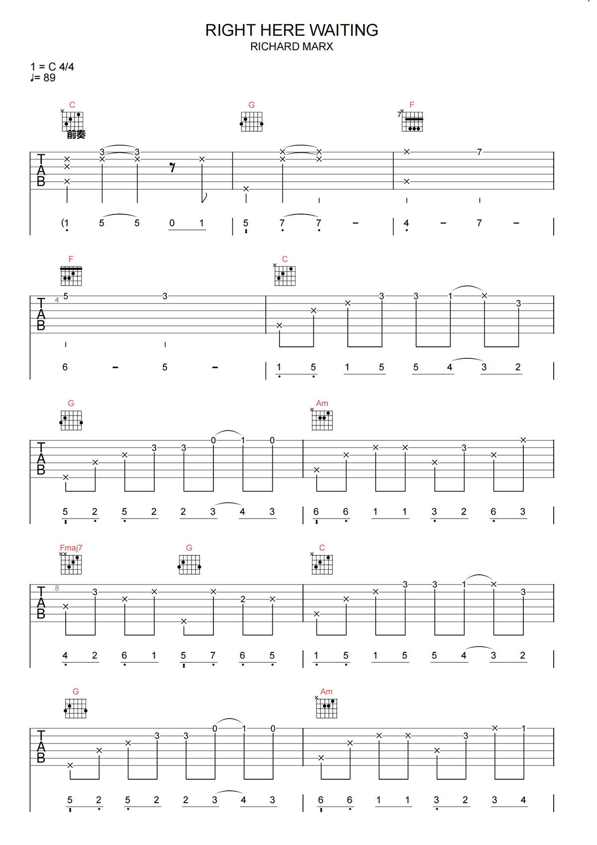 RIGHT HERE WAITING吉他谱-RIGHARD MARX-C调弹唱吉他谱简谱