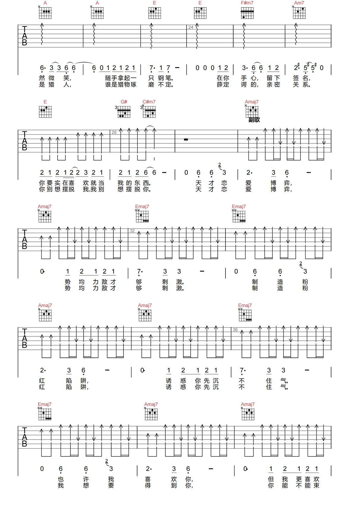 天才恋爱博弈吉他谱-刘恋-E调原版吉他谱简谱