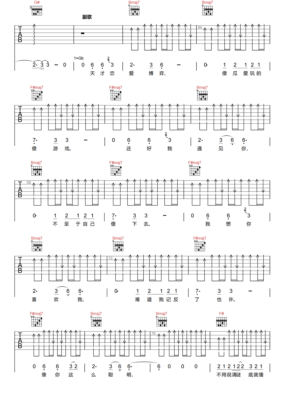 天才恋爱博弈吉他谱-刘恋-E调原版吉他谱简谱
