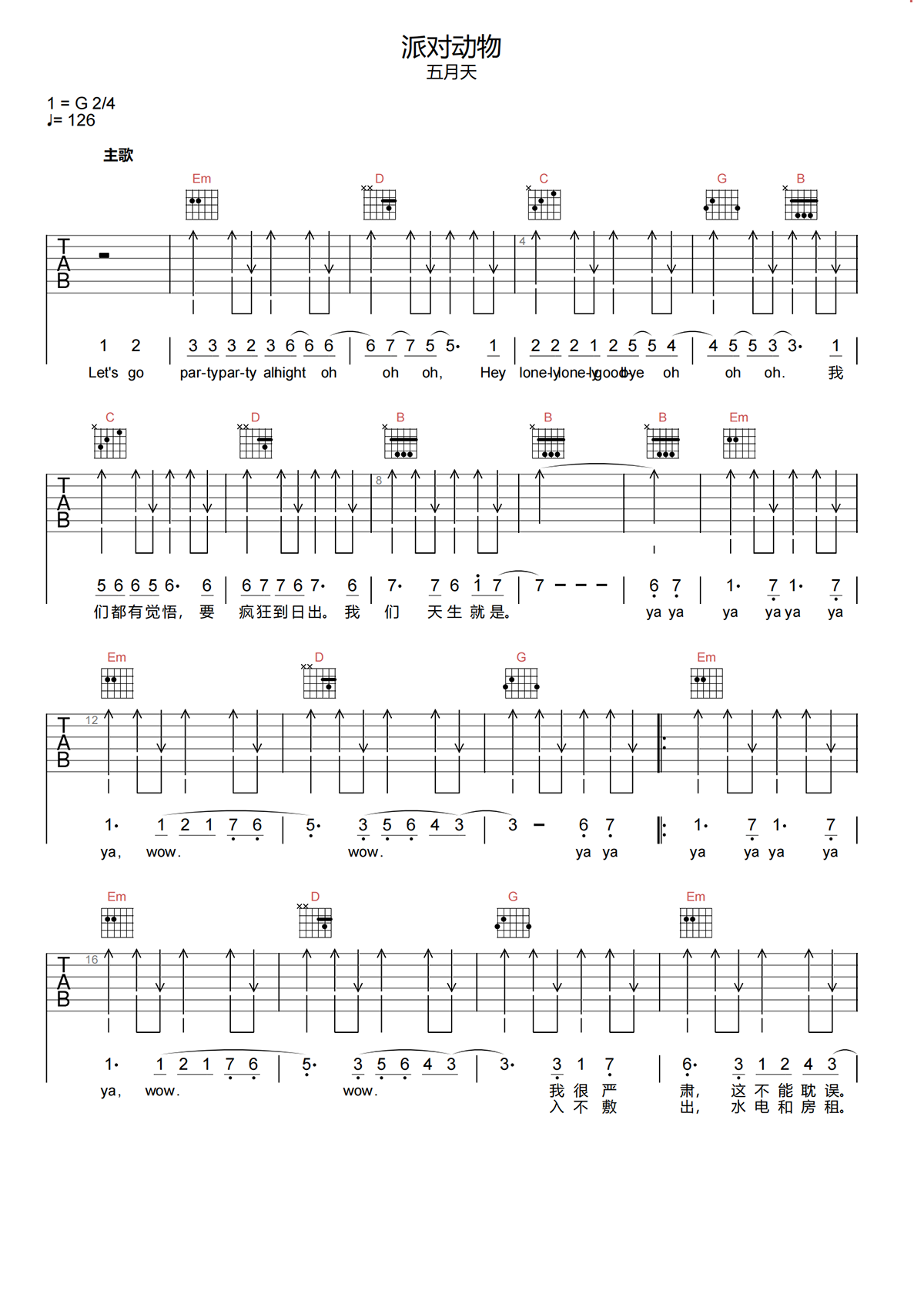 派对动物吉他谱-五月天-G调原版吉他谱-高清弹唱谱简谱