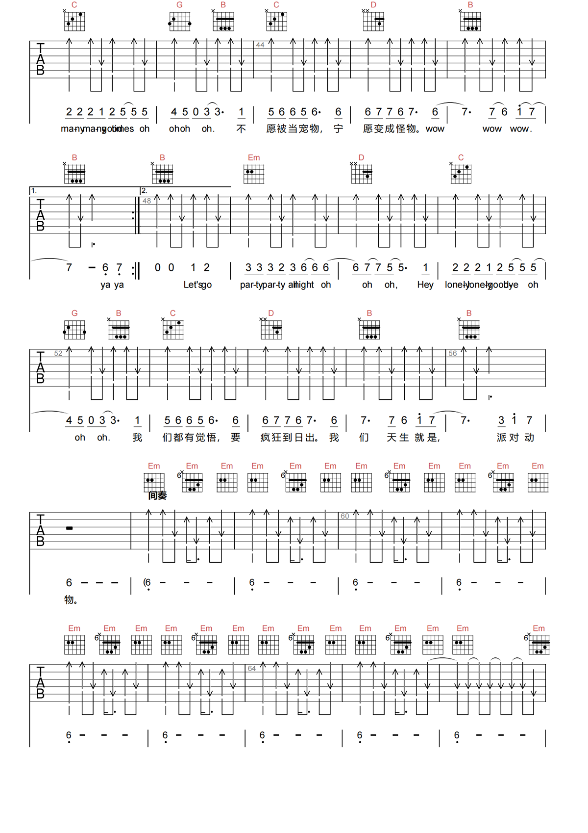 派对动物吉他谱-五月天-G调原版吉他谱-高清弹唱谱简谱