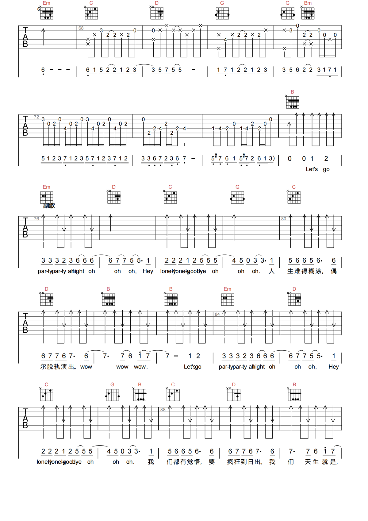 派对动物吉他谱-五月天-G调原版吉他谱-高清弹唱谱简谱