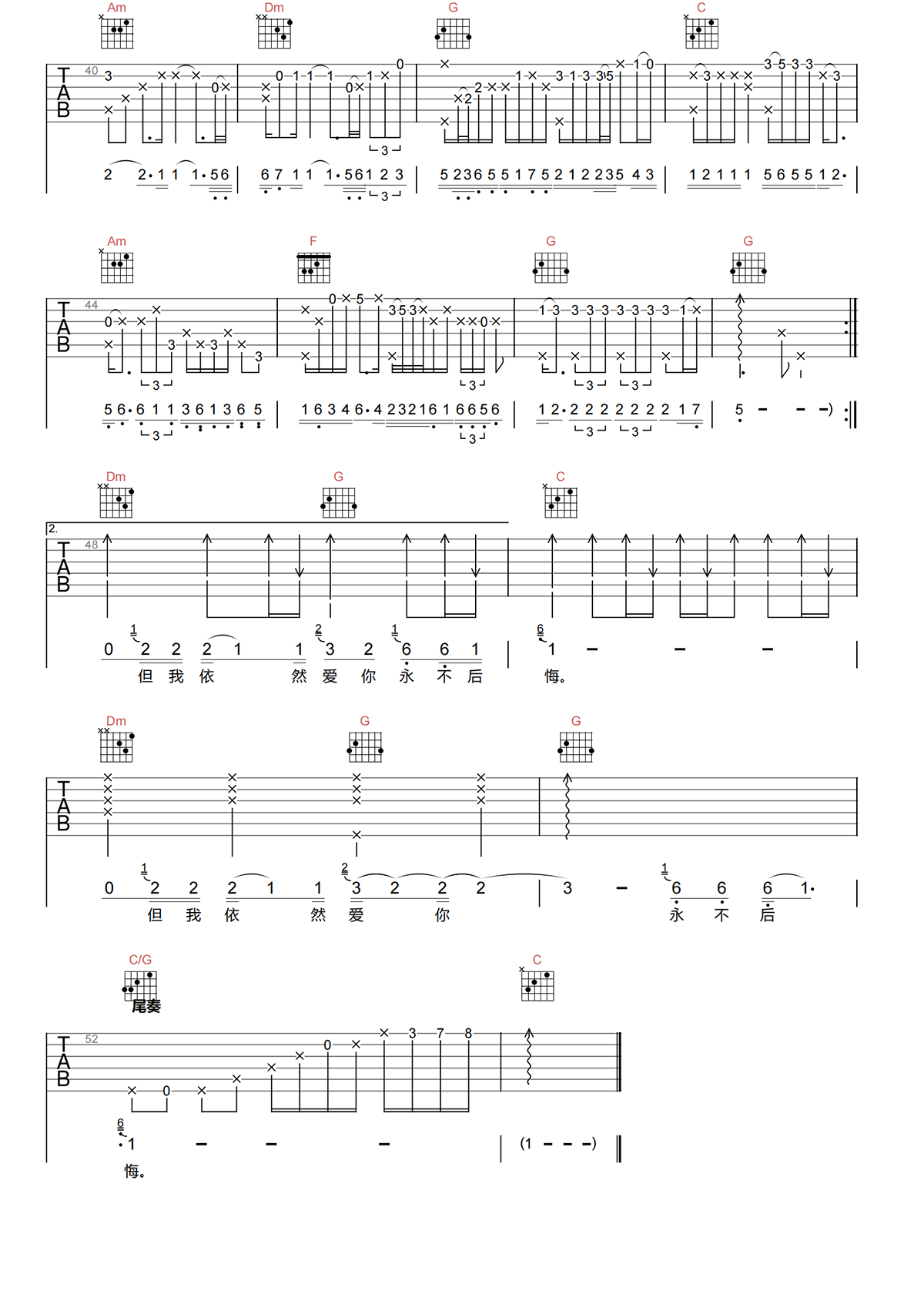 曹越《你的眼角流着我的泪吉他谱》C调原版吉他谱简谱