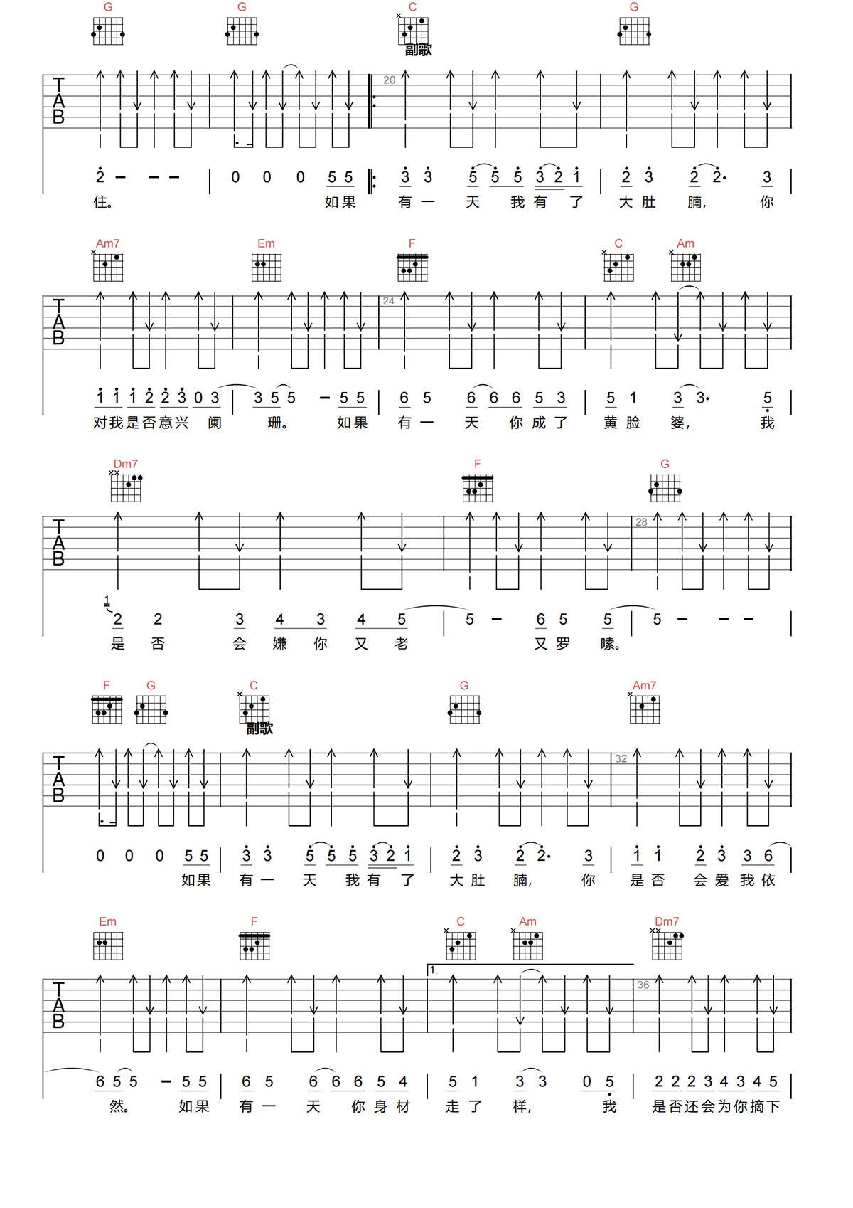 大肚腩吉他谱-阿牛-大肚腩C调原版弹唱吉他谱简谱