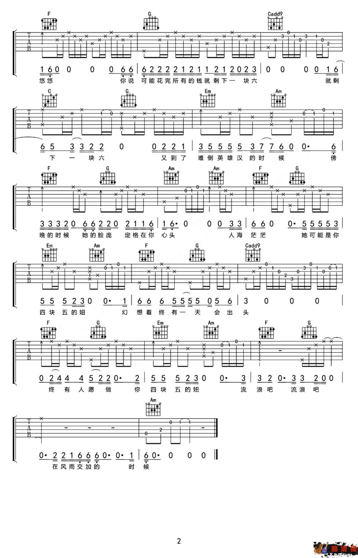 隔壁老樊《四块五的妞》吉他谱-C调简谱