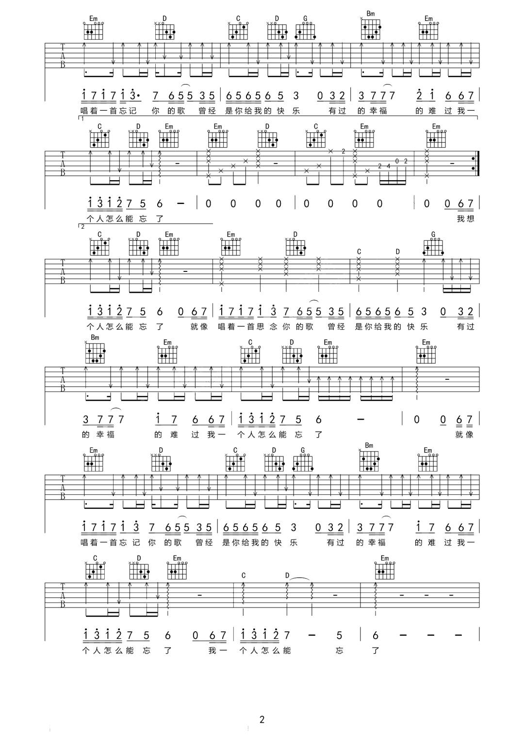 怎么能忘了吉他谱-程响-G调原版吉他谱-高清弹唱谱简谱