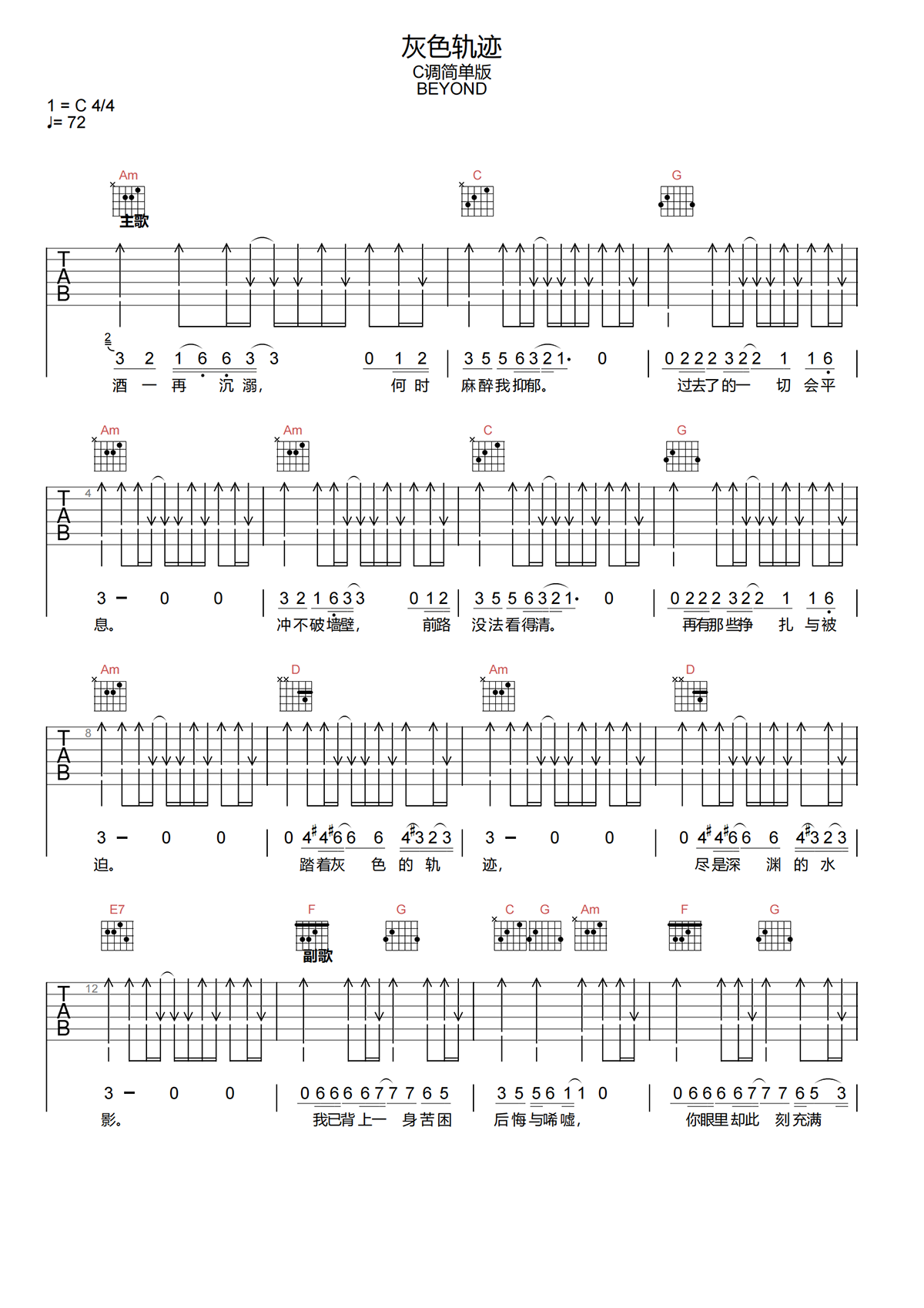 《灰色轨迹》C调-BEYOND-简单版吉他谱