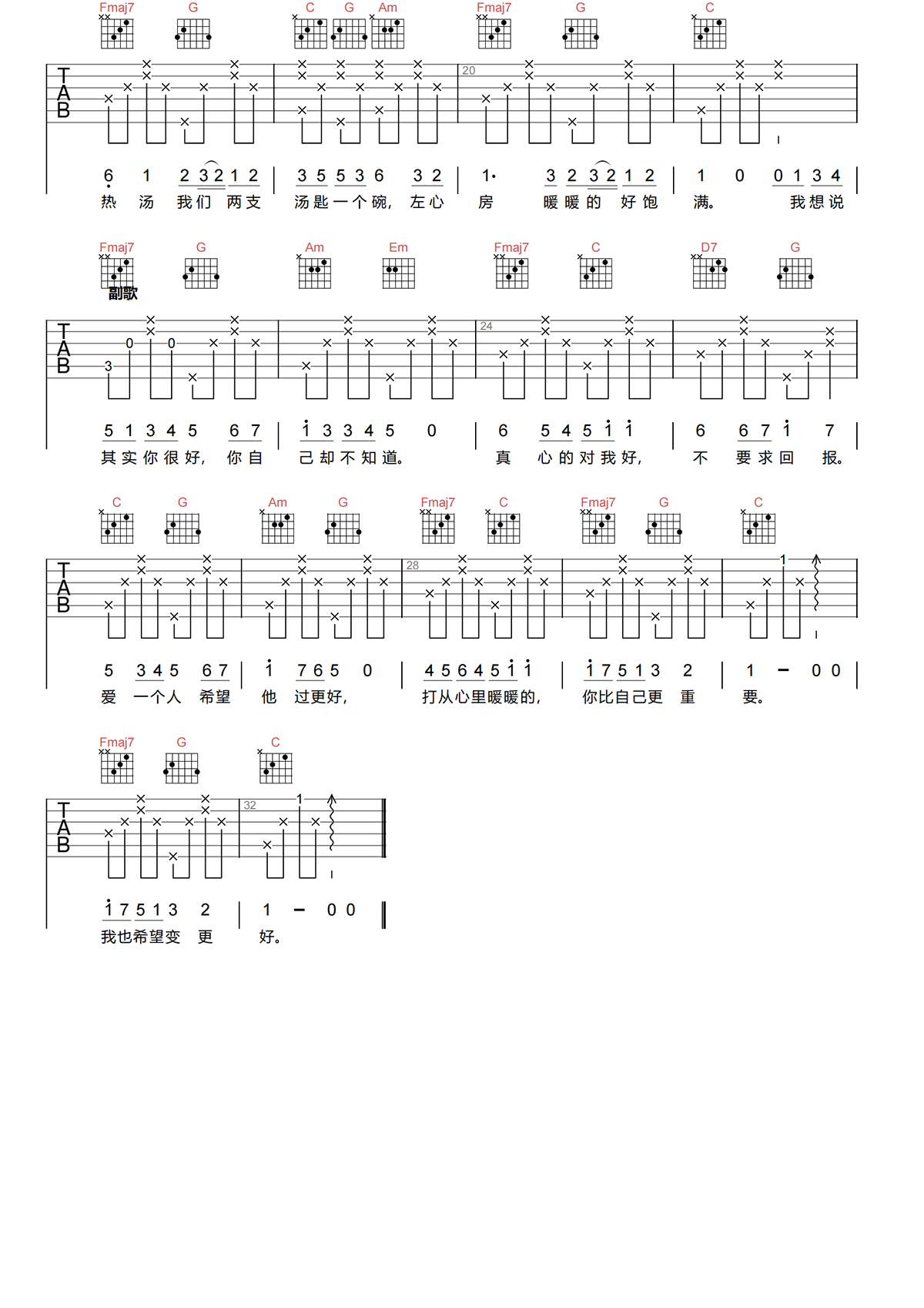 暖暖吉他谱-梁静茹《暖暖》C调简单原版吉他谱简谱