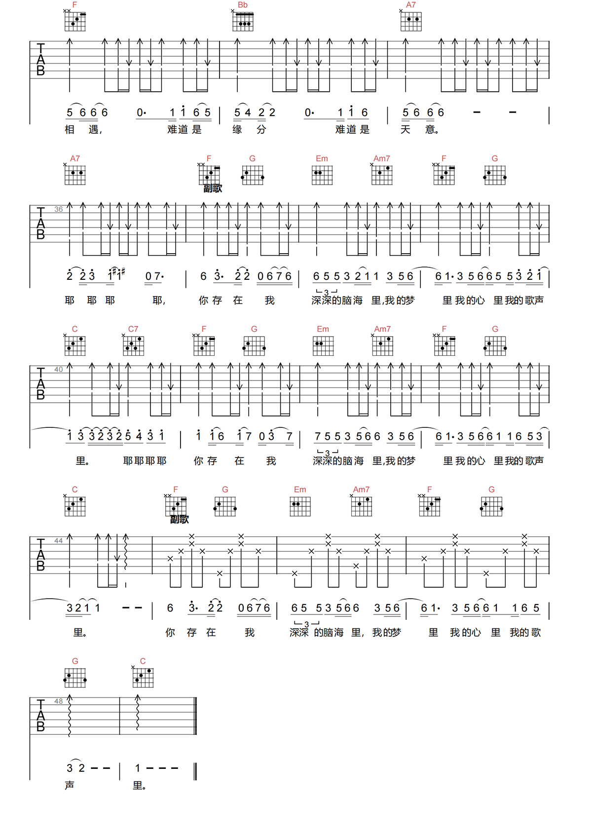 我的歌声里吉他谱-曲婉婷-C调新手原版吉他谱简谱