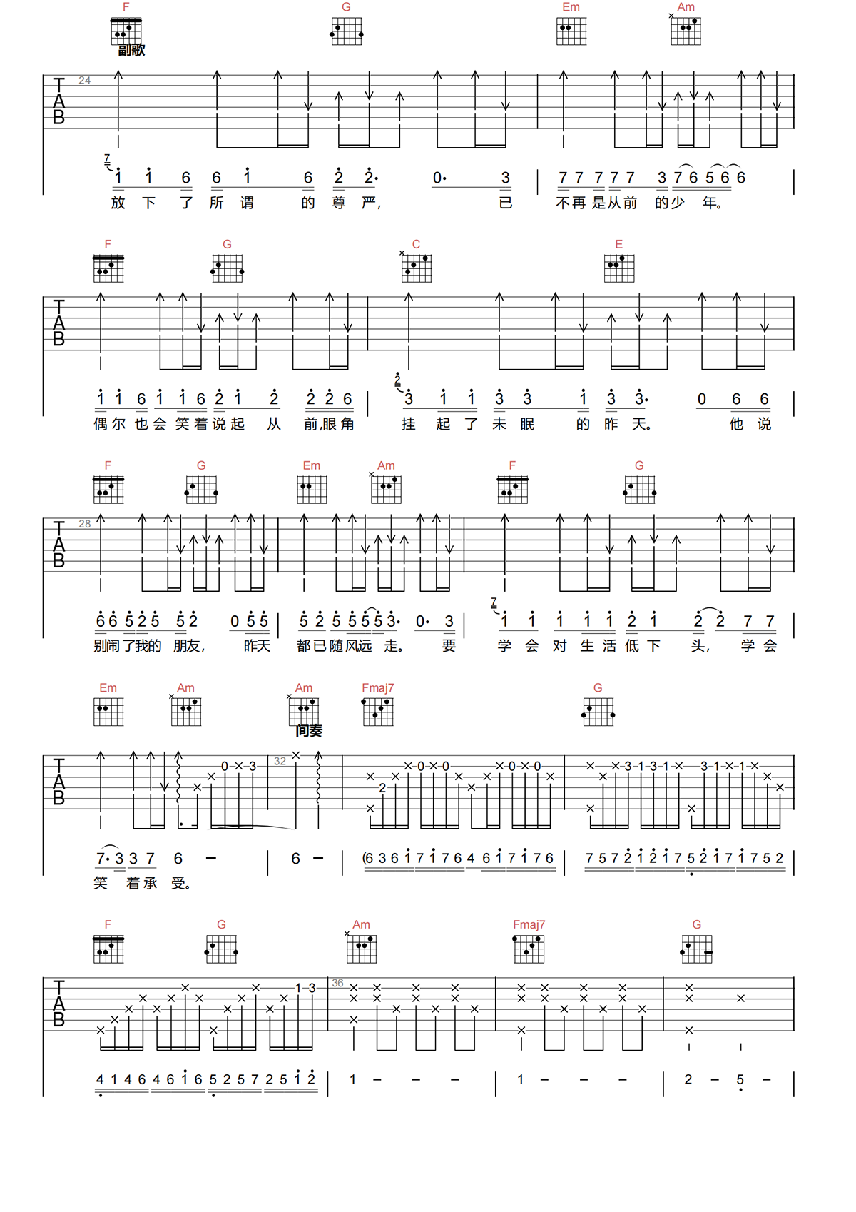 杜天宇《期待明天吉他谱》C调原版弹唱谱简谱