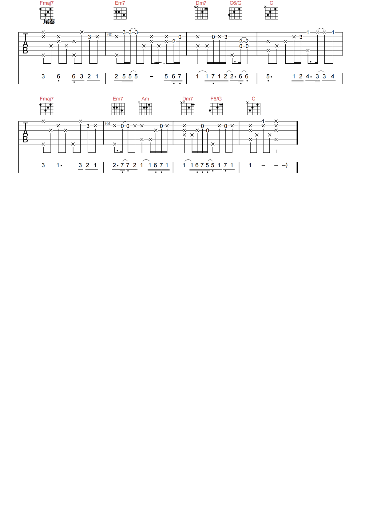 江映蓉/张翰《一不小心爱上你吉他谱》C调原版弹唱谱简谱