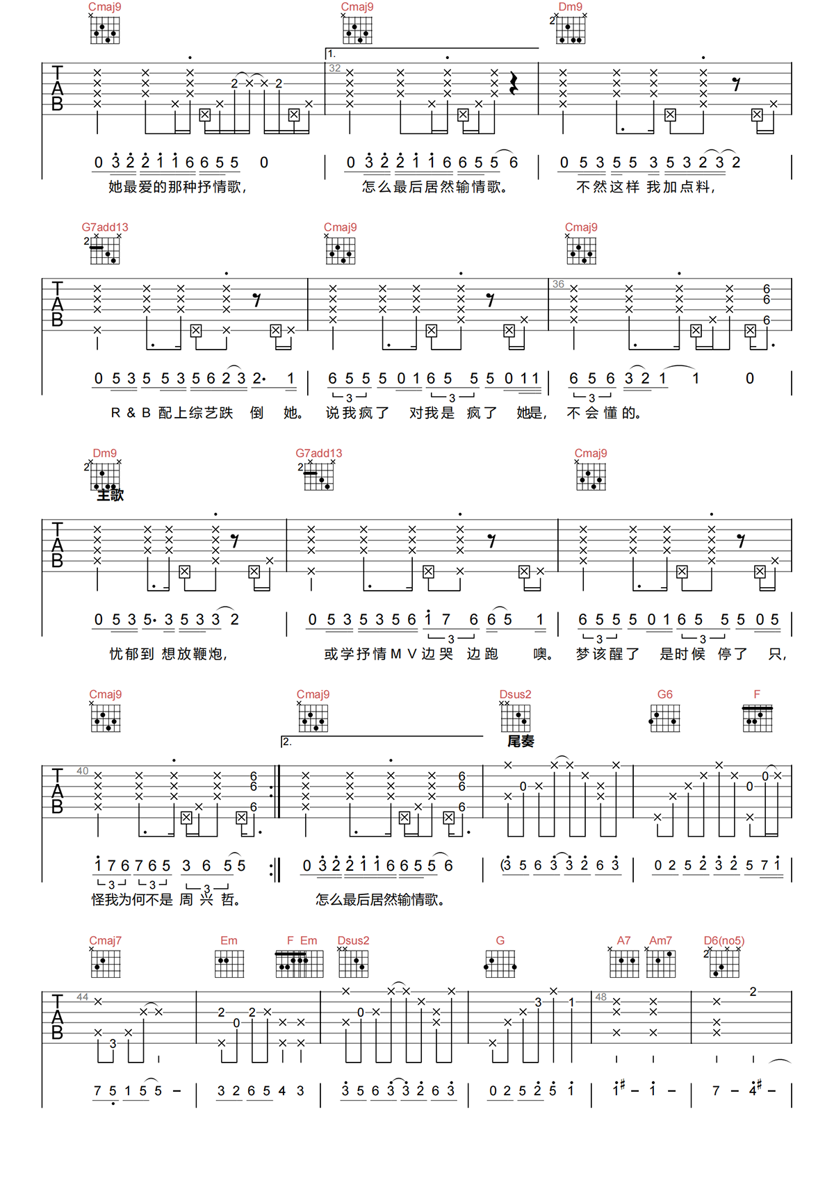 输情歌吉他谱-J.SHEON《输情歌》C调原版弹唱吉他谱简谱